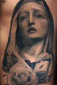 rosa inchiostro religioso grigio lato vita con tatuaggio ritratto di donna