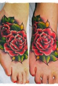 Female Instep Old School Style Colored Big Rose Tattoo