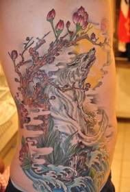 side Rib Asian white wolf with colored flower tattoo pattern