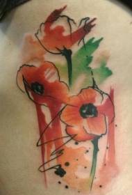 Kulay ng gilid ng tubig na kulay ng pula na pattern ng tattoo ng poppies