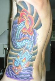 bočné rebro modrý drak a kvetinové tetovanie