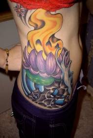 waist side colored sacred lotus tattoo pattern