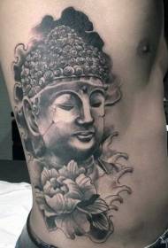 side rib stone style black Buddha statue and flower tattoo pattern