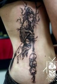 side rib carving style black evil witch with skull tattoo pattern