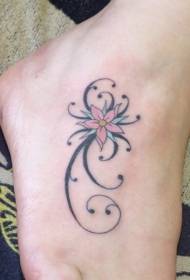female instep color curly flower tattoo pattern