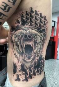 Side rib black and white roaring bear with jewelry tattoo pattern