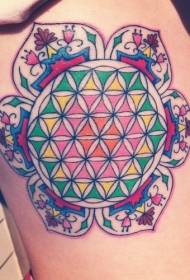 vidukļa pusē spilgtas krāsas mandalas ziedu tetovējums