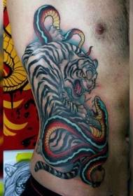 Side ribs Asian Bengal White Tiger and Snake Tattoo Pattern