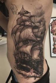 side rib black gray style sailboat with Wave tattoo pattern