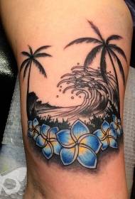 arm color palm tree and flower tattoo picture