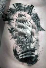 side ribs black and white sailboat and clock tattoo pattern