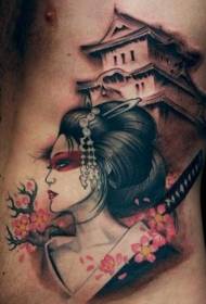 Costilla lateral retrato de geisha asiática con patrón de tatuaje de casa