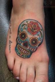 blue painted skull rose instep tattoo pattern