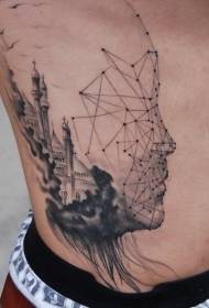 mysterious black dotted line link portrait with castle side rib tattoo pattern