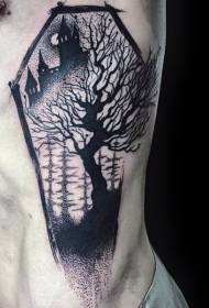 Silueta de ataúd de costilla lateral castillo negro y patrón de tatuaje de árbol