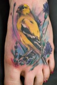 instep ყვითელი რეალისტური ფრინველის ყვავილების ტატუირების ნიმუში