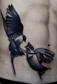 side rib fighting bird black tattoo pattern