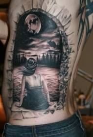 waist side black and white women and dark forest river tattoo pattern