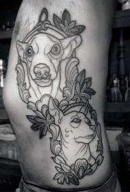 waist side black line dog portrait tattoo pattern