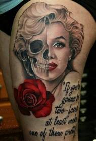 thigh Monroe face with skull combined rose letter tattoo pattern