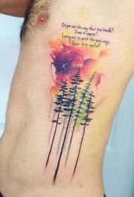 waist side water color forest with letter tattoo pattern