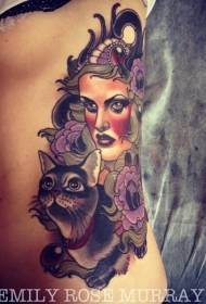 Midje ny skole farge kvinne blomst og katt tatovering mønster