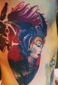 patrón de tatuaxe guerreira feminina cor costilla lateral