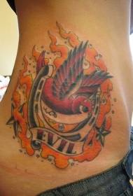 Waist Evil Sparrow and Horseshoe Flame Tattoo Pattern