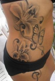 side rib black and white beautiful orchid butterfly tattoo pattern