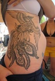 zwarte lijn phoenix zijrib tattoo patroon