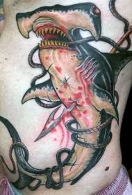 illusztrátor stílusú színes véres dart hammerhead cápa tetoválás minta