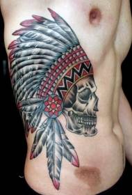 male side rib new school color Indian skullTattoo pattern with feather helmet