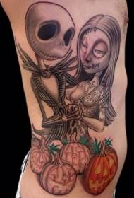 Halloween pumpkin and cartoon couple colored side rib tattoo pattern