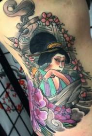 Side rib color Asian geisha portrait with flower tattoo pattern