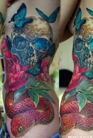 side ribs very realistic color skull with butterfly and snake tattoo pattern
