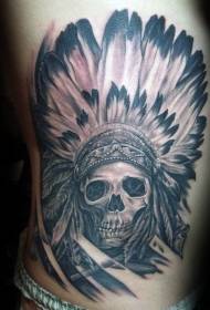 side rib black gray style Indian skull with large feather helmet tattoo pattern