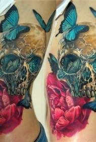 waist side color human skull tattoo and butterfly tattoo pattern