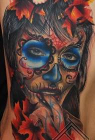 derék oldalán mexikói színű csábító női portré tetoválás