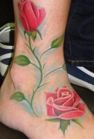 Female instep colored rose tattoo pattern