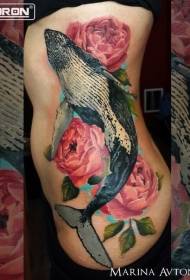 patrón de tatuaje de color realista estilo ballena grande y rosa