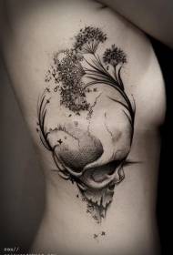 girls side rib black ash and wild flower tattoo pattern