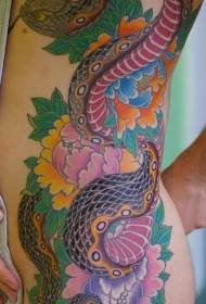 waist side color snake and peony flower tattoo pattern