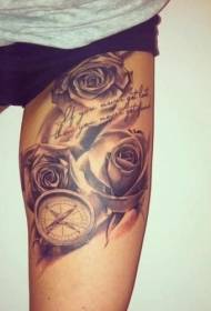 leg gray rose and watch tattoo pattern