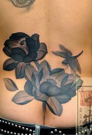 beauty waist tattoo personality black and white dragonfly lotus tattoo pattern