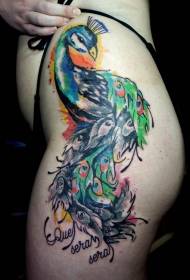 thigh bright beautiful peacock tattoo pattern