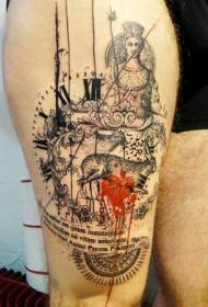 Thigh black clock bunny duab puab nrog liab plawv zoo li tattoo qauv