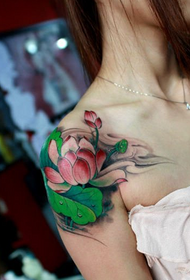 girl's shoulder color lotus tattoo pattern