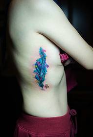 Nude beauty side waist color feather tattoo picture