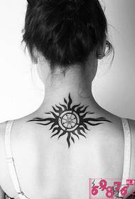 Sun Totem Creative Black and White Back Neck Tattoo