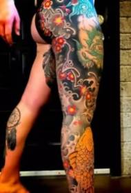 traditional style domineering big flower leg tattoo works